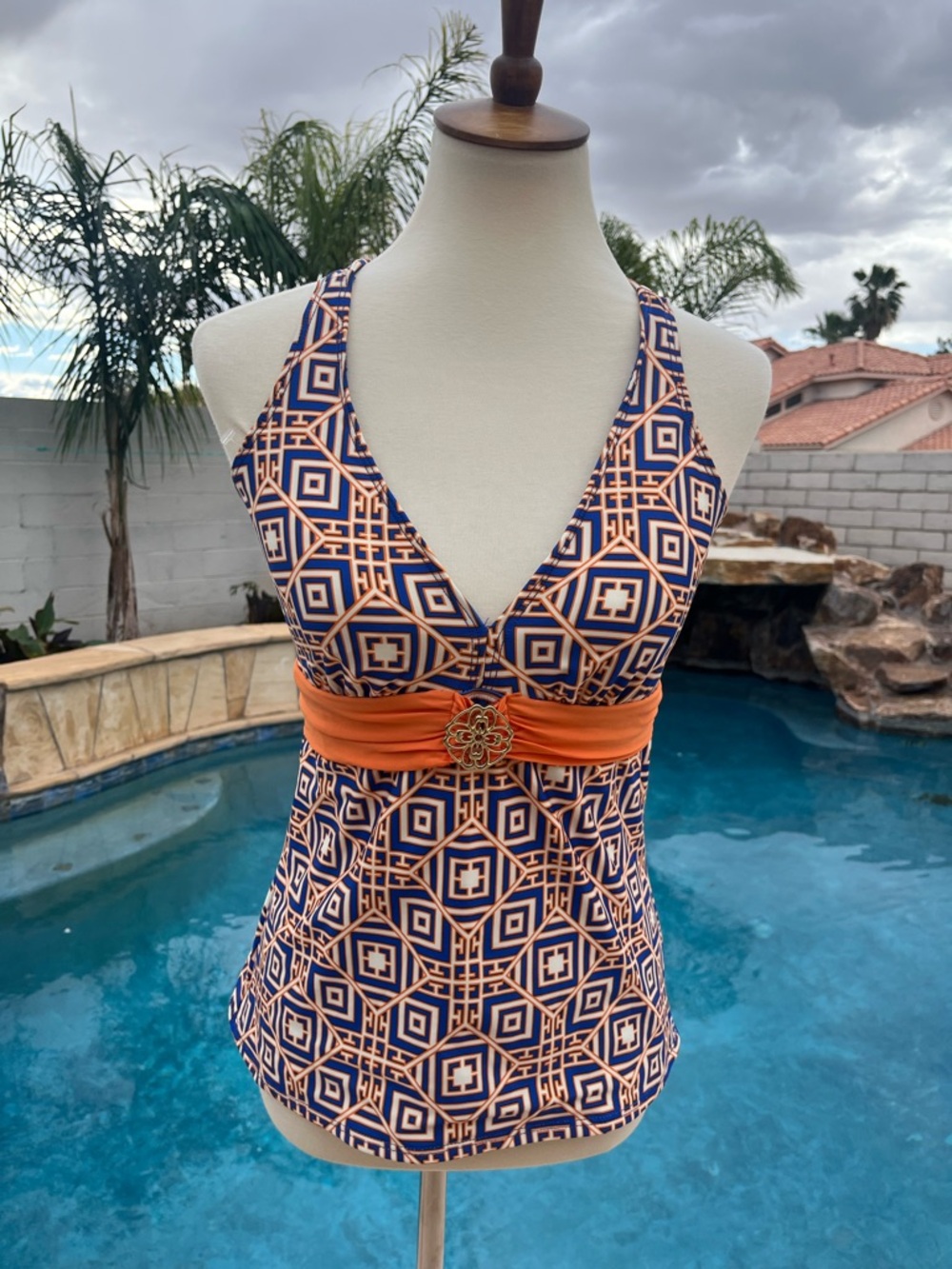 ANTONIO MELANI Navy Blue and Orange Geometric One-Piece Swim Top